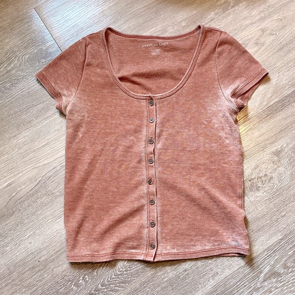 American Eagle Outfitters Tops - AMERICAN EAGLE - Button-up Waffle T-Shirt - Burnt Coral Thermal - Size Small